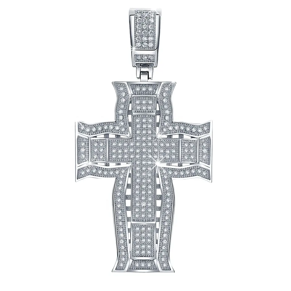 Fabricante de joyería de moda 925 plata esterlina diamante gran cruz colgante collar para hombres 2019