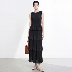 Women's Casual Sleeveless Pleated Midi <b>Dress</b> Set Black Crew Neck Elegant Solid Ankle-Length Skirt Regular Fit <b>All</b> Seasons - Product Image 3