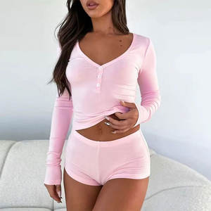 Loungewear conjuntos de mujer personalizados de 2 piezas de manga larga conjunto corto de mujer de alta calidad de dos piezas tops y pantalones cortos conjunto para mujer - Product Image 6