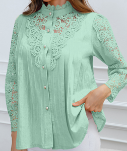 Camisa Casual de Encaje Sólido para Mujer, Primavera/Verano/Otoño 2026, Nuevo Estilo Moderno, Manga Larga, Tejida, en Existencia - Product Image 1