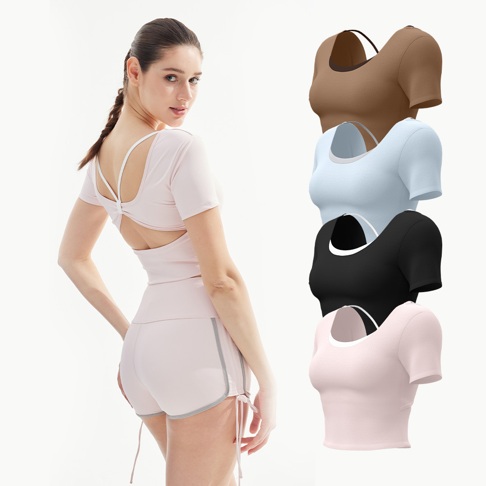 Summer Quick-dry Spandex/Polyester Sports Yoga Top Women Short-sleeved Peach-shaped butterfly Strap Chest Pads Suitable for