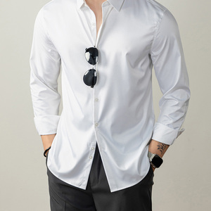 Chemises habillées pour hommes, style années 60, de luxe, mercerisées, unies, à manches longues, extensibles, infroissables, formelles et décontractées pour le bureau - Product Image 3