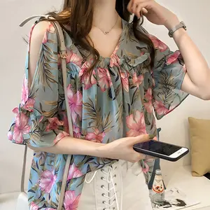 Комплект из модных женских блузок 2022 с v-образным вырезом с принтом шифоновая блузка сексуальный топ с открытыми плечами с короткими рукавами Блузка для женщин топы Blusas 6807