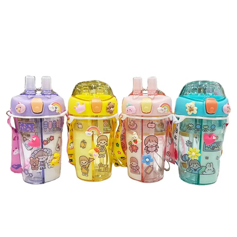 Cute Double Straw Drink Bottle Leak-proof Plastic Water Bottle For Kids With 2 Compartment