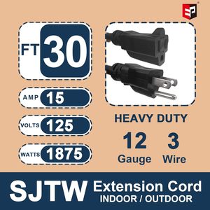 30Ft Outdoor <strong>Extension</strong> Cord-12/3 SJTW Heavy Duty Black <strong>Extension</strong> Cable with 3 Prong Grounded <strong>Plug</strong> - Power Cord for Lawn - Product Image 2