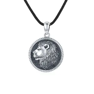 Lion Head Coin Pendant 925 Sterling Silver Lion Necklace Pendant Chain Necklace Oxidized Animal Necklace for Women Men