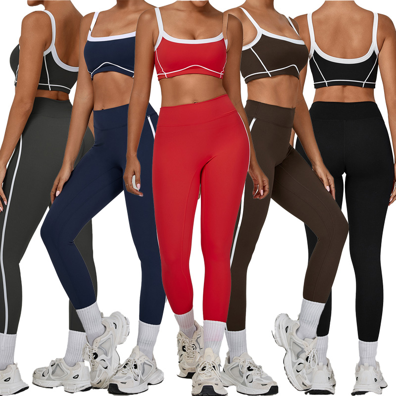 Custom Logo Women Color Blocking Fitness Gym Wear Backless Workout Suit High Waist Yoga Set with Side Stripes