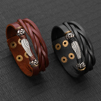 Bracelet Manchette Aile d'Ange en Cuir PU Marron Multi-Tours pour Hommes et Femmes, Accessoire Vintage Bohème – Vente en Gros