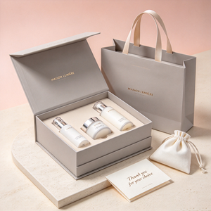 Coffret cadeau rigide personnalisé pour sérum cosmétique avec logo estampé or, insert en mousse EVA sur mesure et sac shopping en papier assorti - Product Image 5