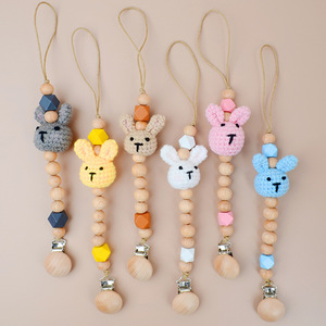 Cadena de chupete de conejito de dibujos animados, cadena de dentición de <span class=keywords><strong>ganchillo</strong></span> de madera para juguetes para masticar recién nacidos, soporte para chupete para bebé de 0 a 12 meses - Product Image 1