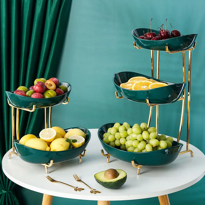 Plato de cerámica de 3 niveles para postre, juego de aperitivos con soporte de Metal, cesta de almacenamiento de fruta, sala de estar de lujo, nórdico