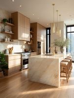Cuisine moderne en bois Prima avec îlot en marbre pour appartement, villa, hôtel – Design minimaliste, fabrication sur mesure