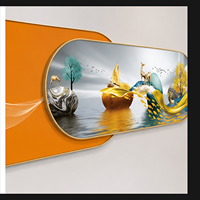 Décoration Murale Métallique Abstraite Deux Pièces Orange et Bleue, Paysage avec Cerfs et Arbres, pour Salon, Hôtel, Intérieurs Contemporains