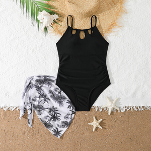 Traje de Baño de Una Pieza para Niñas con Falda Pareo a Juego, Conjunto de Verano para Vacaciones, Traje de Baño y Pareo para Niñas de 8-12 Años, Ropa de Playa Negra para Niñas - Product Image 2