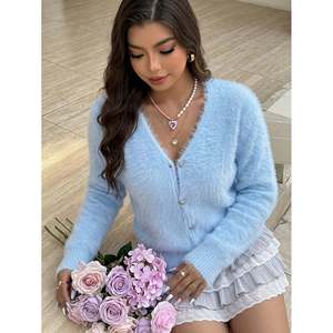 Cardigan bleu ciel à col en V et boutons sur le devant, taille 1XL, pull confortable pour femme - Product Image 3