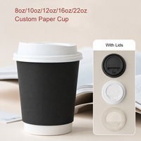 Gobelets à café en papier jetables entièrement noirs avec logo personnalisé imprimé, estampage à chaud, 8oz, 12oz, 16oz, avec couvercle en PP, vente en gros, en vrac, directement de l'usine, écologiques