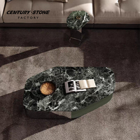 Ensemble de table basse en marbre rectangulaire de grande taille avec plateau en pierre naturelle noire et verte Centurystone, cadre en bois et rangement