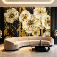 Papier peint mural floral 3D élégant noir et or sur mesure pour villa, hall d'hôtel, appartement, décoration murale de luxe, décoration intérieure