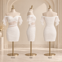 Robe mini moulante ODM pour femme en maille transparente, drapée, à épaules dénudées, manches volantées et découpes