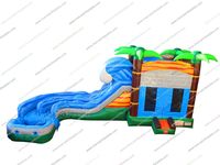 Structure aquatique combinée tropicale avec toboggan, château gonflable, parcours à roues en forme d'éléphant, pour événements promotionnels, location et usage commercial, et équipement d'escalade