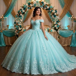 Robe de Quinceañera de maternité bleu clair Lsany287 avec appliques en dentelle, tulle à paillettes argentées, robe de bal, corsage en cœur et ourlet festonné - Product Image 1
