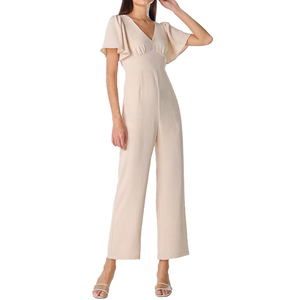 Mono Elegante para Mujer con Cuello en V, Manga Corta, Volantes, Cintura Alta, Corte Holgado, Crepé, Color Sólido, Largo hasta el Tobillo, para Primavera/Verano - Product Image 1