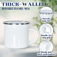 Mug émaillé vierge pour sublimation 12oz (360ml) blanc, tasse de camping avec poignée, bord métallique argenté, émail épais pour personnalisation DIY