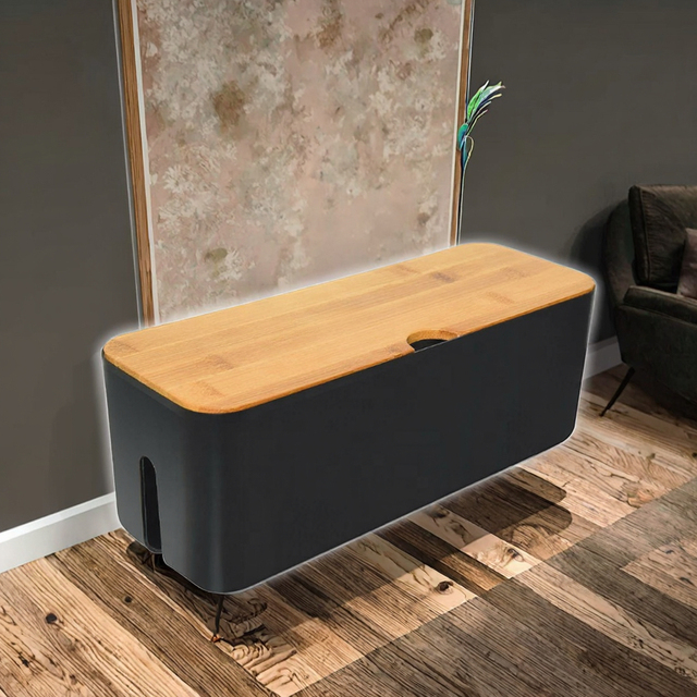 Modern Design Office Organizer Wood Lid Cable Management Box Large Rectangle Wooden Cord Organizer for TV USB Hub System Desk