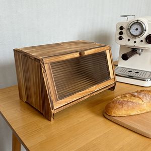<b>Wooden</b> <b>Bread</b> <b>Box</b> Double Layer With Glass Door Kitchen Storage For <b>Bread</b> - Product Image 3