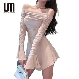 Liu Ming moda caliente mujeres fuera del hombro manga larga negro brillante Night Club Sexy Mini vestido negro