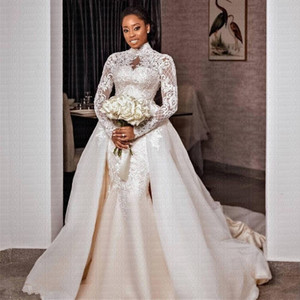 2 trong <span class=keywords><strong>1</strong></span> phi Nàng Tiên Cá <span class=keywords><strong>Wedding</strong></span> <span class=keywords><strong>Dresses</strong></span> Bridal gowns cao cổ dài tay áo ren satin cô dâu ăn mặc - Product Image 4