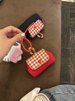 Gantungan Tas Earphone Kotak-kotak Merah Kecil Grosir, Lucu, Cantik, Portabel, Dompet Koin Mini