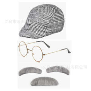 Conjunto de disfraz de caballero estilo Gatsby con sombrero británico retro, bigote, cejas y gafas para atuendo de gangster o bandido. - Product Image 4
