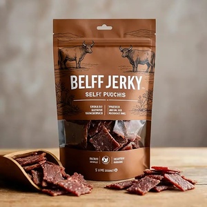 שקית אריזה מותאמת אישית למזון, מט, עומדת, מצופה בנייר כסף שחור, לאריזת בשר מיובש, עם סגירת רוכסן. - Product Image 1