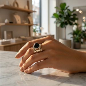 925 Silver Onyx Bohemian <b>Cocktail</b> Ring Shield Shape Bezel Setting Signet Style Unisex Everyday Wear Gift - Product Image 4