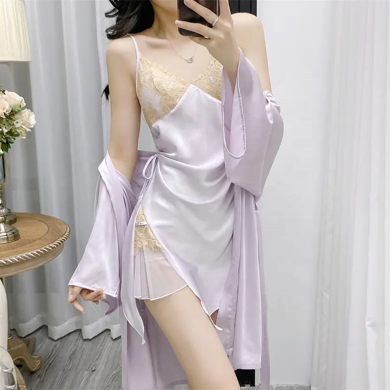 Sexy 2 Stuks Mouwloze Nachthemd Premium Satijn Pyjama Gewaad Sets Kant Ijs Zijde Valentines Nachtjapon Voor Vrouwen