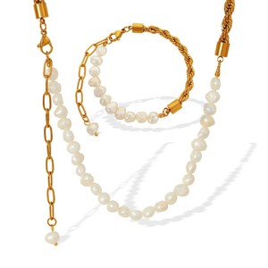 Bracelet à maillons en chaîne plaqué or avec perles d'eau douce, acier inoxydable, bijoux classiques pour femmes, 40+10cm - Product Image 1