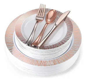 玫瑰金设计定制塑料盘餐具一次性环保BAP免费餐具套装餐具勺子和叉子