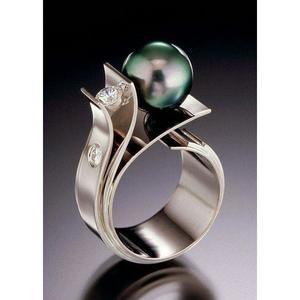 Anello da cocktail geometrico F061 con perla naturale incastonata a griffe per donna, anelli alla moda da matrimonio - Product Image 6