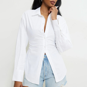 Chemise à manches longues boutonnée blanche pour femme, col classique, coupe régulière, tissu popeline, toutes saisons, vêtements décontractés - Product Image 1