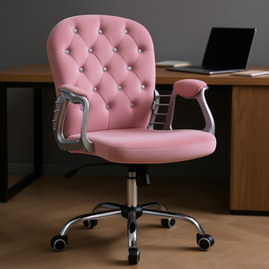 Chaise de bureau en velours rose capitonnée, pivotante et réglable, avec accoudoirs rembourrés et base chromée - Product Image 2