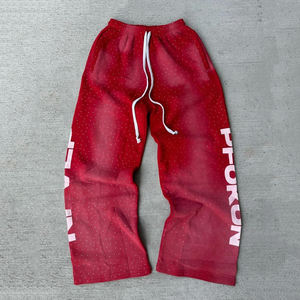 Pantalones Deportivos Holgados de Felpa Francesa Gruesa de Algodón Personalizados por el Fabricante OEM, Pantalones Deportivos de Pierna Ancha Recta para Hombre con Pedrería Completa - Product Image 4