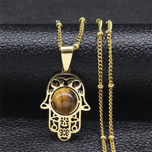 Collier pendentif vintage en acier inoxydable avec pierre œil de tigre, bijou spirituel, <span class=keywords><strong>protection</strong></span>, méditation, Hamsa, œil maléfique, paume - Product Image 1