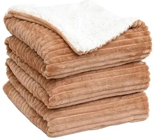 Warm Sherpa Fleece Flannel Queen Blanket, Corduroy Ultra Plush and Fluffy Blanket, Striped Corduroy Blanket for Couch, Bed, Sofa