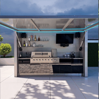 Système d'armoires de cuisine extérieures en acier inoxydable étanche au design moderne pour appartement, avec comptoir en granit, évier, robinet et barbecue à gaz