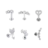 HGC ASTM-F136 Titane, Bijou de piercing labret à dos plat avec grappe de zircone cubique (CZ) en forme de cœur, éclair et arc, pour tragus et hélix