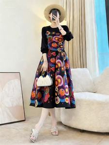 Elegante Abito Midi Plissettato con Stampa Floreale Blu <span class=keywords><strong>e</strong></span> Gialla, <span class=keywords><strong>Vestito</strong></span> a Maniche Lunghe a Sbuffo Linea A per Donne - Product Image 6