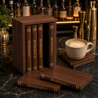 Ensemble de 5 sous-verres de luxe faits à la main en forme de livre en noyer avec support, gravure laser BEVERAGES I V, pour la décoration de bar à domicile ou de mariage