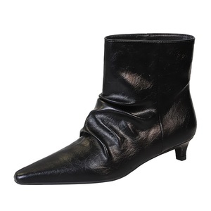 2887-2 Retro Fashion Women's Thin Heel Pointed Toe Short Tube Ruched <strong>Slouch</strong> Slim French Style for <strong>Boots</strong> - Product Image 1