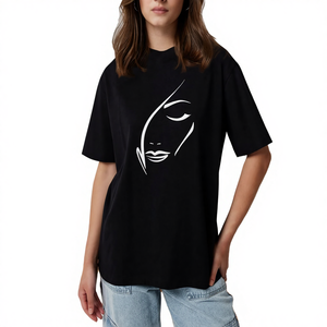 Camiseta de punto de manga corta negra para mujer con arte minimalista de líneas faciales, estampado abstracto, gráfico y estética de color liso - Product Image 4